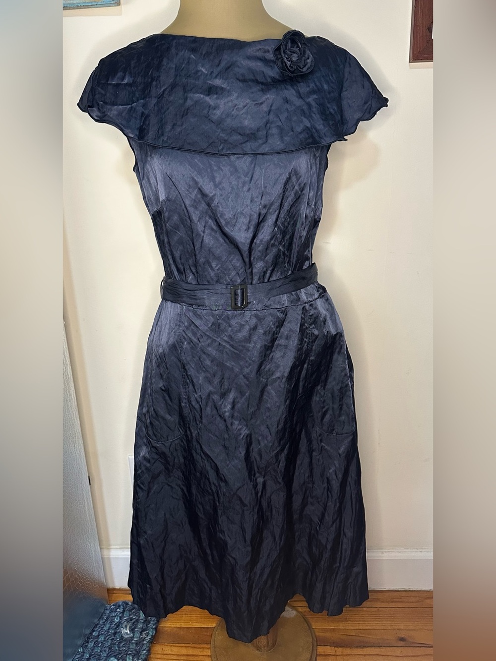 Archerie Elegant Navy Midi Dress with Belt and Floral Accent